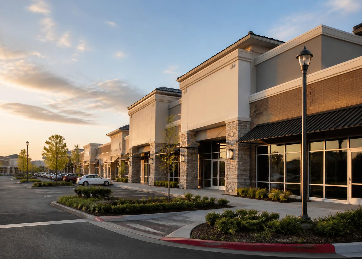 Strip center storefronts and shop spaces along an open-air retail property